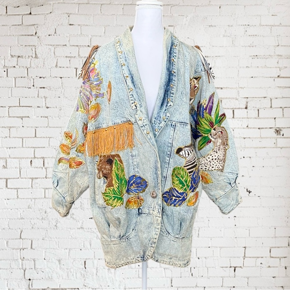 Wild Cherry Vtg Denim Jacket Coat Statement Piece Animals Embellished M Medium